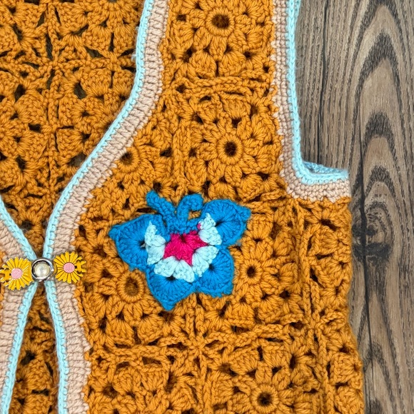 Handmade Crochet Granny Square Vest Boho Floral Butterfly Open Front - Picture 5 of 11